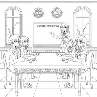 An anime student council meeting with four members seated at a long table coloring page