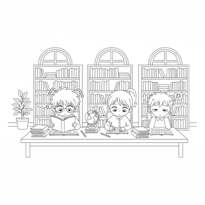 An anime study session in a school library with three students at a table, each coloring page