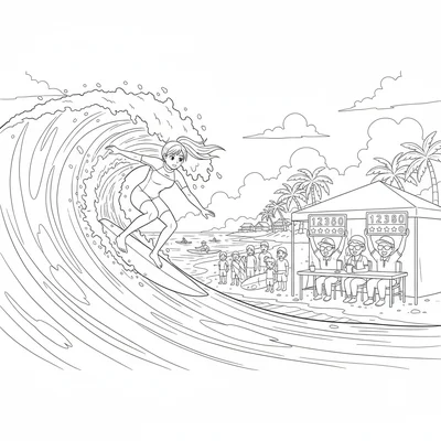 An anime surf competition with a surfer carving a wave at the moment coloring page