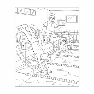 An anime swimming pool practice with two swimmers at the turn wall, one coloring page
