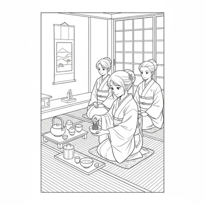 An anime tea ceremony scene with a host in traditional attire preparing matcha coloring page