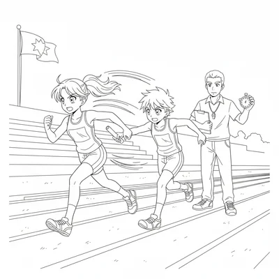 An anime track team practice with two runners doing a baton handoff drill coloring page