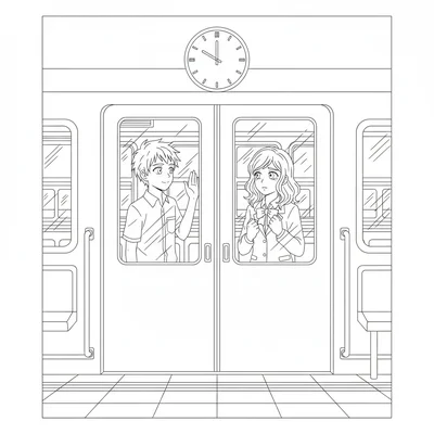 An anime train station goodbye scene with two friends on opposite sides coloring page