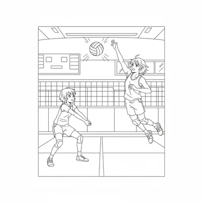 An anime volleyball practice with two players at the net, one setting and one coloring page