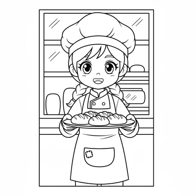 A baker apprentice girl in a simple uniform with a flour-dusted apron, large coloring page