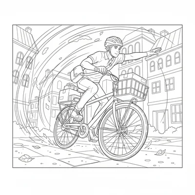 A bicycle courier weaving through a tight city lane, leaning into a sharp turn coloring page