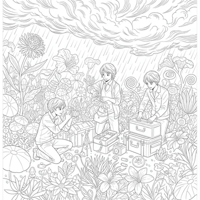 A botanical research race against a storm, three young botanists quickly coloring page