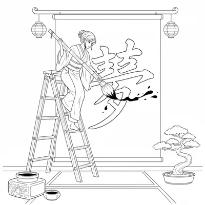 A calligrapher writing a large character with a giant brush, standing coloring page