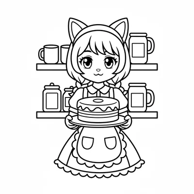 A cat-eared café worker in a simple waitress outfit with cat ears on a headband coloring page