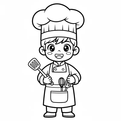 A cheerful chef boy in a tall white chef hat, large happy anime eyes, a simple coloring page