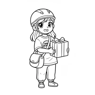 A cheerful delivery girl with a simple bicycle helmet, large bright anime eyes coloring page