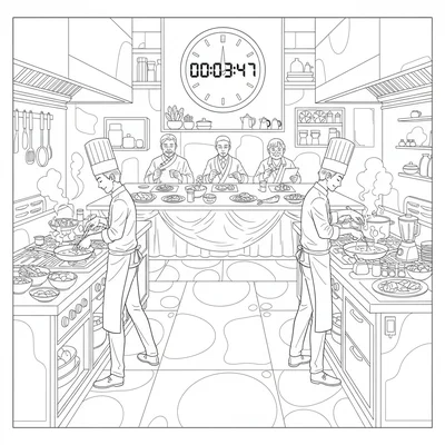 A chef's tournament final cooking showdown, two competing chefs at adjacent coloring page