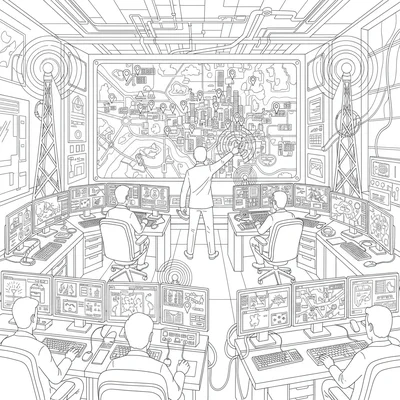 A city emergency response center coordinating from a multi-screen command room coloring page