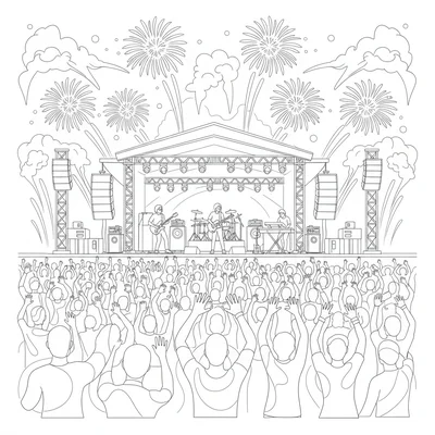 A climactic music festival finale with the band performing on a massive outdoor coloring page