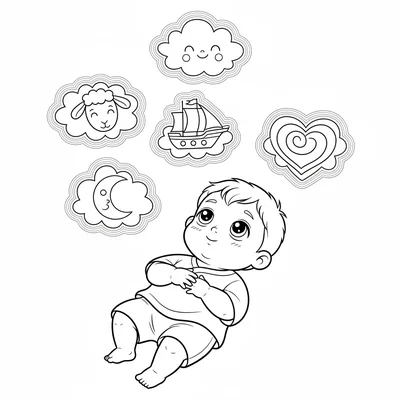 A cloud reader boy lying on his back looking up, large dreamy upward-gazing coloring page