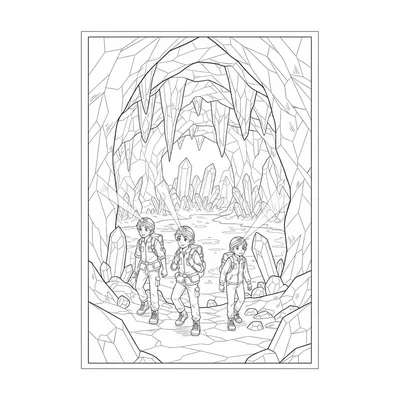 A crystal cavern expedition with three young explorers entering a massive coloring page
