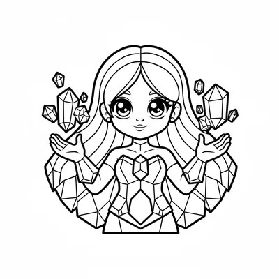 A crystal mage girl with flowing hair partly crystalline at the tips, large coloring page
