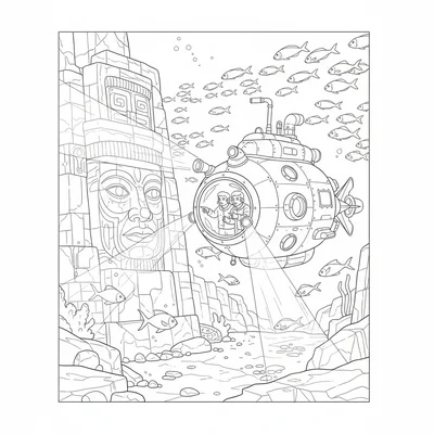 A deep sea exploration submersible hovering near coloring page