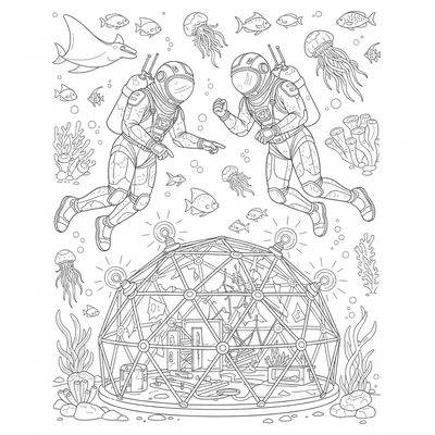 A deep sea rescue mission with divers in specialized suits communicating via coloring page