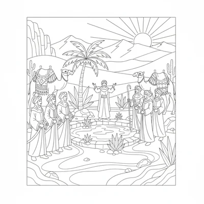 A desert oasis standoff with two rival groups of travelers coloring page
