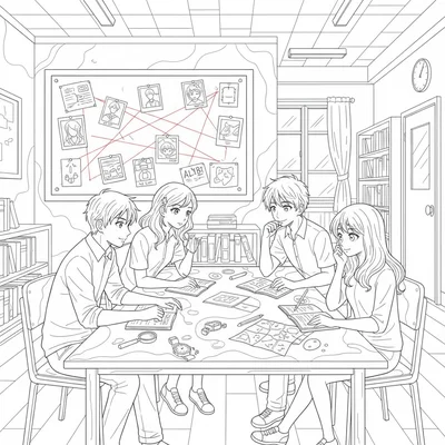 A detective club meeting in a school club room with a case board on the wall coloring page