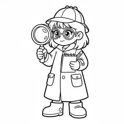 A detective girl in a simple long coat, large observant anime eyes behind coloring page