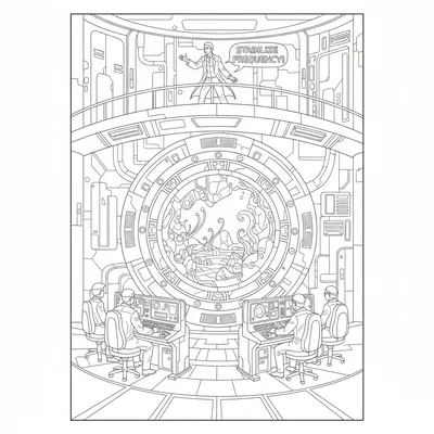 A dimensional portal research lab with a large circular coloring page
