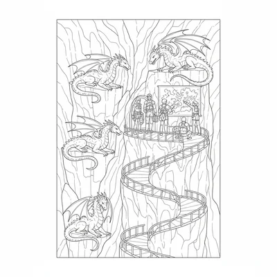 A dragon rider patrol base at a mountain cliff, five coloring page
