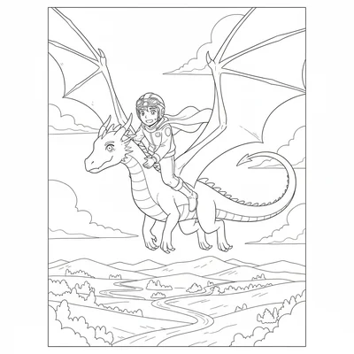 A dragon rider's first bonding flight with a young dragon, both looking equally coloring page
