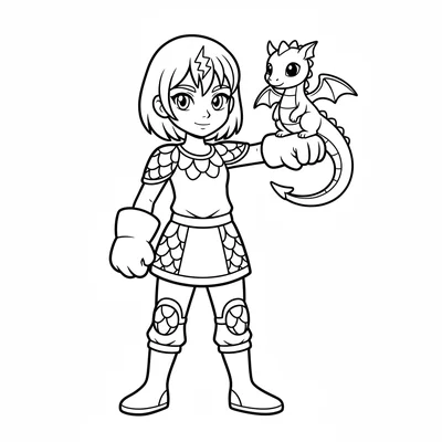 A dragon tamer girl in a simple outfit with dragon scale pattern accents, large coloring page