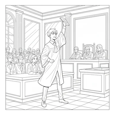 A dramatic courtroom scene with a young lawyer making a passionate final coloring page