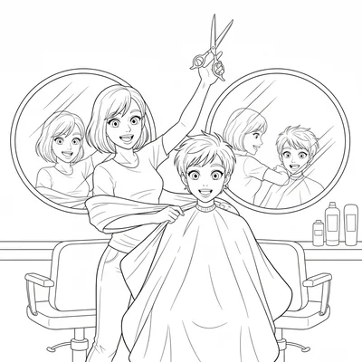 A dramatic hair cut reveal, a stylist whipping away a salon cape to reveal coloring page