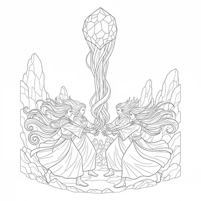 An energy channeling finale where a team of four mages with linked hands create coloring page