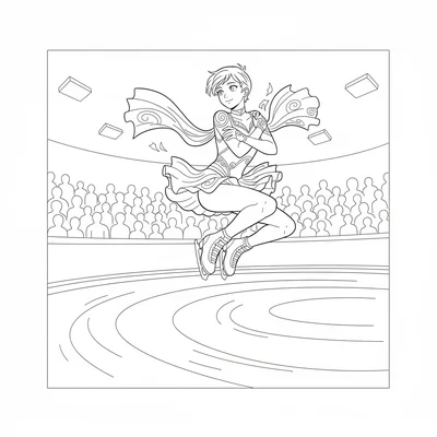 A figure skater in the moment of a jump spin, both feet off the ice, arms coloring page