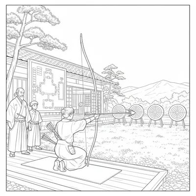 A final archery test at a traditional school, a single archer at the firing coloring page