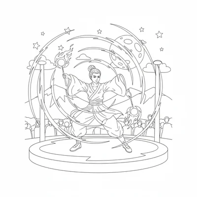 A fire dancer spinning flaming poi in large overhead circles, the poi streaks coloring page