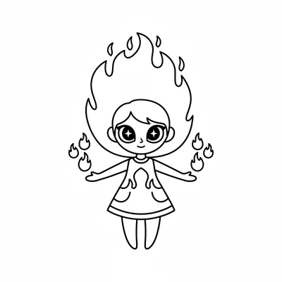 A fire spirit girl with hair that flows like gentle flame at the tips, large coloring page