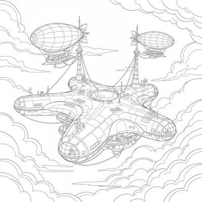 A floating sky fortress research platform with three wings coloring page
