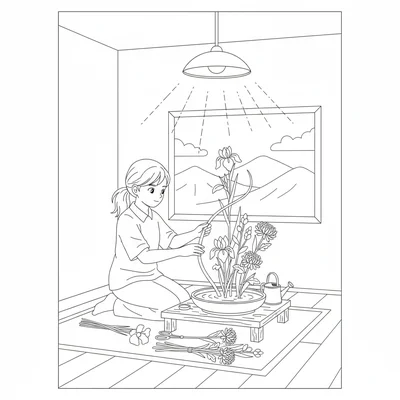 A flower arranging student mid-composition at a low stand with ikebana coloring page