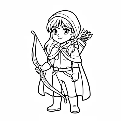 A forest ranger girl standing with a simple bow at her side, wearing a cloak coloring page
