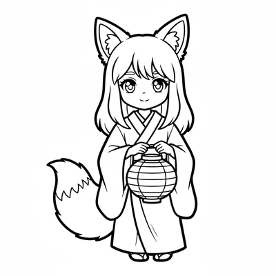 A fox-eared girl standing facing forward with large fluffy fox ears on top coloring page