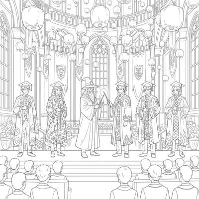 A grand magic academy graduation ceremony, a row of five new graduates standing coloring page