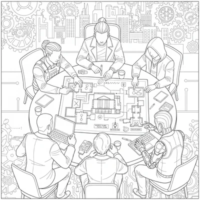 A heist planning scene with five characters gathered around a table displaying coloring page
