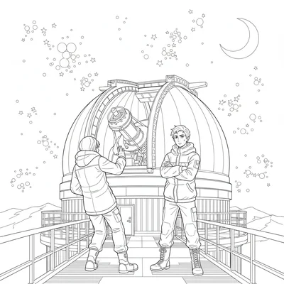 A high-altitude observatory encounter with two characters meeting for the first coloring page