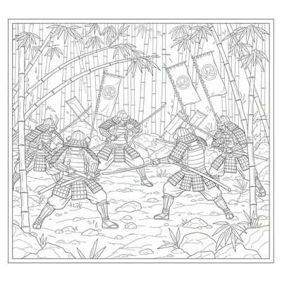 A historical recreation battle scene with two armored samurai factions clashing coloring page