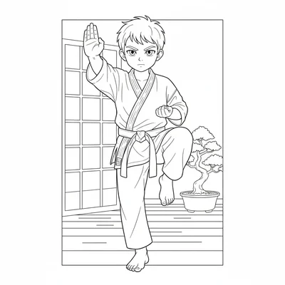 A karate form practitioner mid-kata sequence, one hand in a precise block coloring page