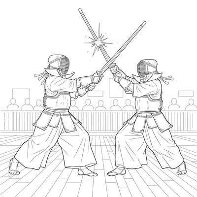A kendo match at the moment of strike, the attacker's shinai coming down coloring page