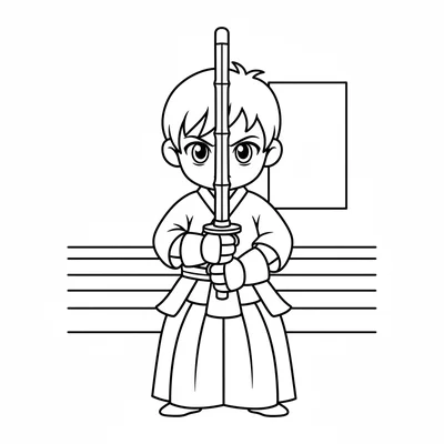 A kendo student in full practice hakama and gi facing forward, large resolute coloring page
