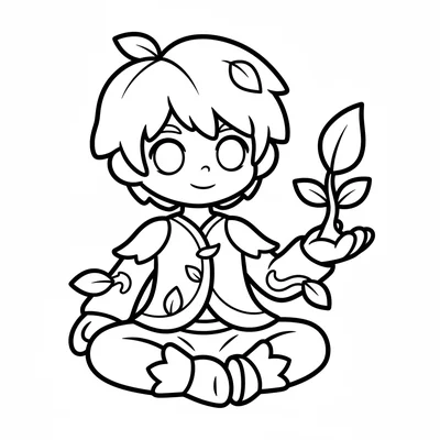 A leaf spirit boy in a simple outfit that echoes natural plant forms, large coloring page