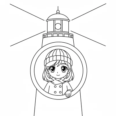 A lighthouse keeper girl at a simple round window in her lighthouse, large coloring page